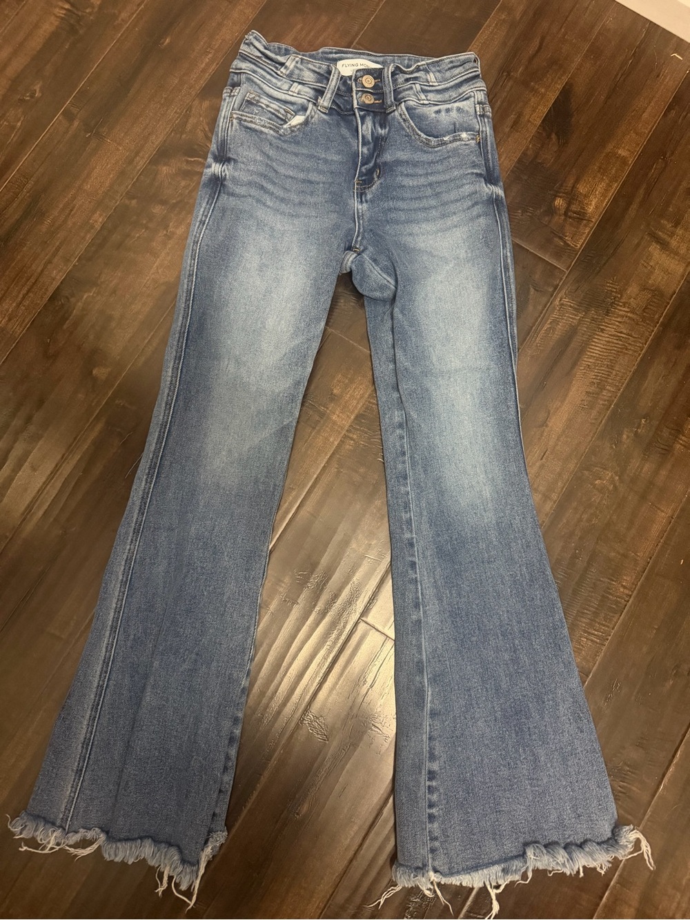 Flying Monkey High Rise Flare Raw Hem Medium Wash Denim Jeans - Size 25